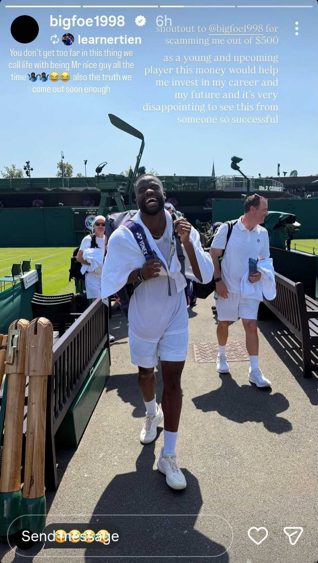 Captura de tela da história de Tiafoe no Instagram.