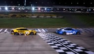 Denny Hamlin crosses the finish line ahead of Christopher Bell at the Nashville Superspeedway. - Source: Imagn