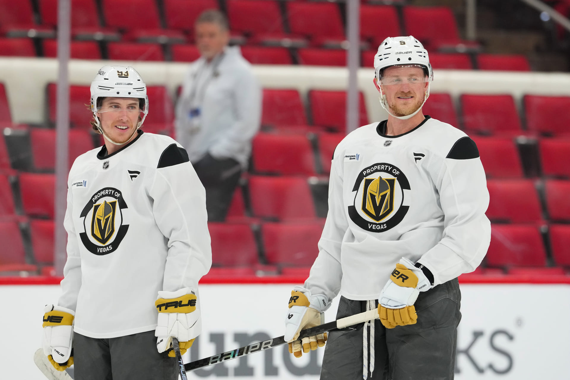 Mitch Marner (R) & Jack Eichel (L) look on at practice ahead of the Stanley Cup Final - Source: Imagn