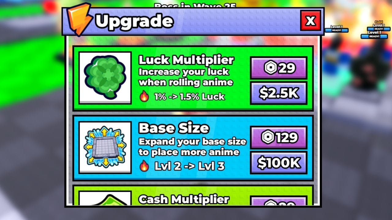 O menu de atualizações (imagem via Roblox)