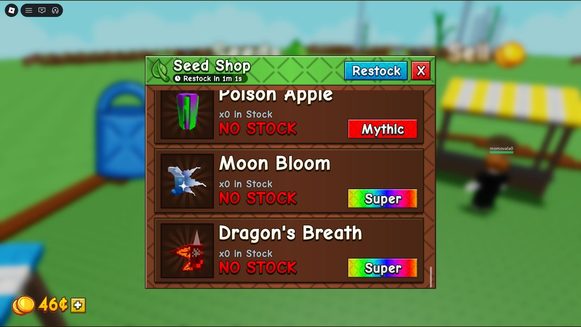 As sementes para certas culturas superraridades podem ser encontradas na Loja de Sementes (Imagem via Roblox)