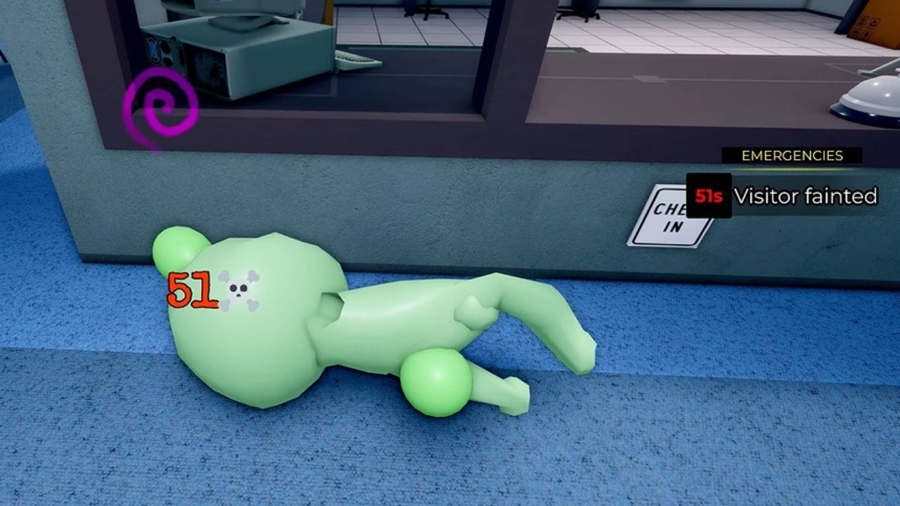 O visitante desmaiará em frente à janela de check-in (Imagem via Roblox)