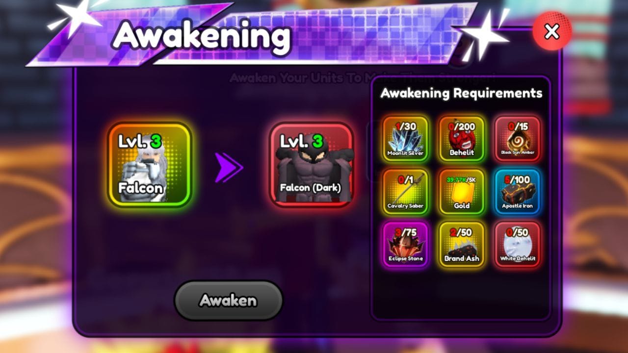 Todos os itens para Awakening Falcon (imagem via Roblox)