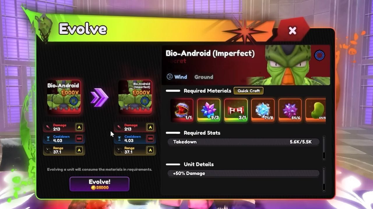Todos os itens necessários para evoluir o Bio-Android (Imagem via Roblox)