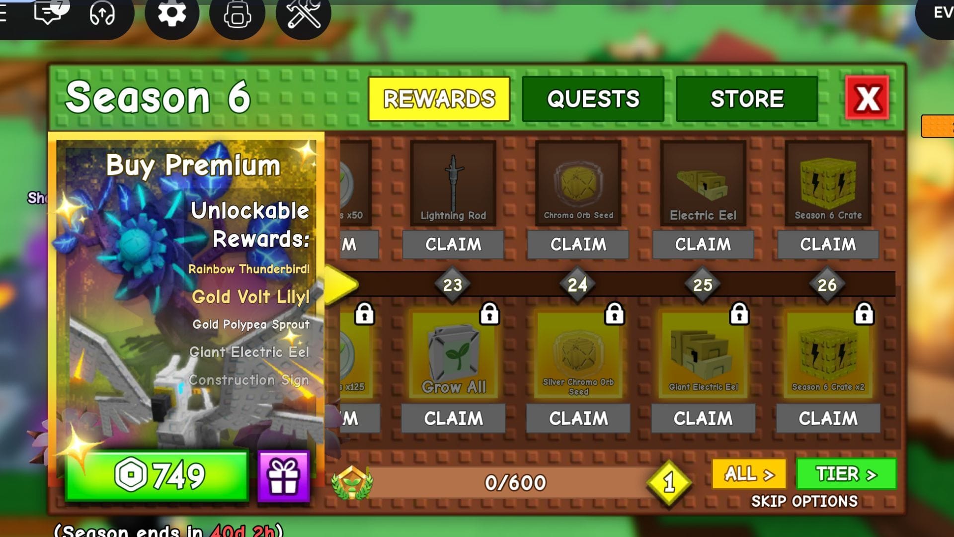 Recompensas do passe da 6ª temporada (imagem via Roblox)