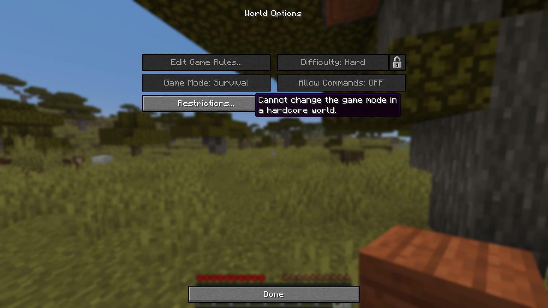 Você não poderá alterar os modos de jogo ou dificuldade enquanto joga neste modo (Imagem via Mojang Studios || Sportskeeda)