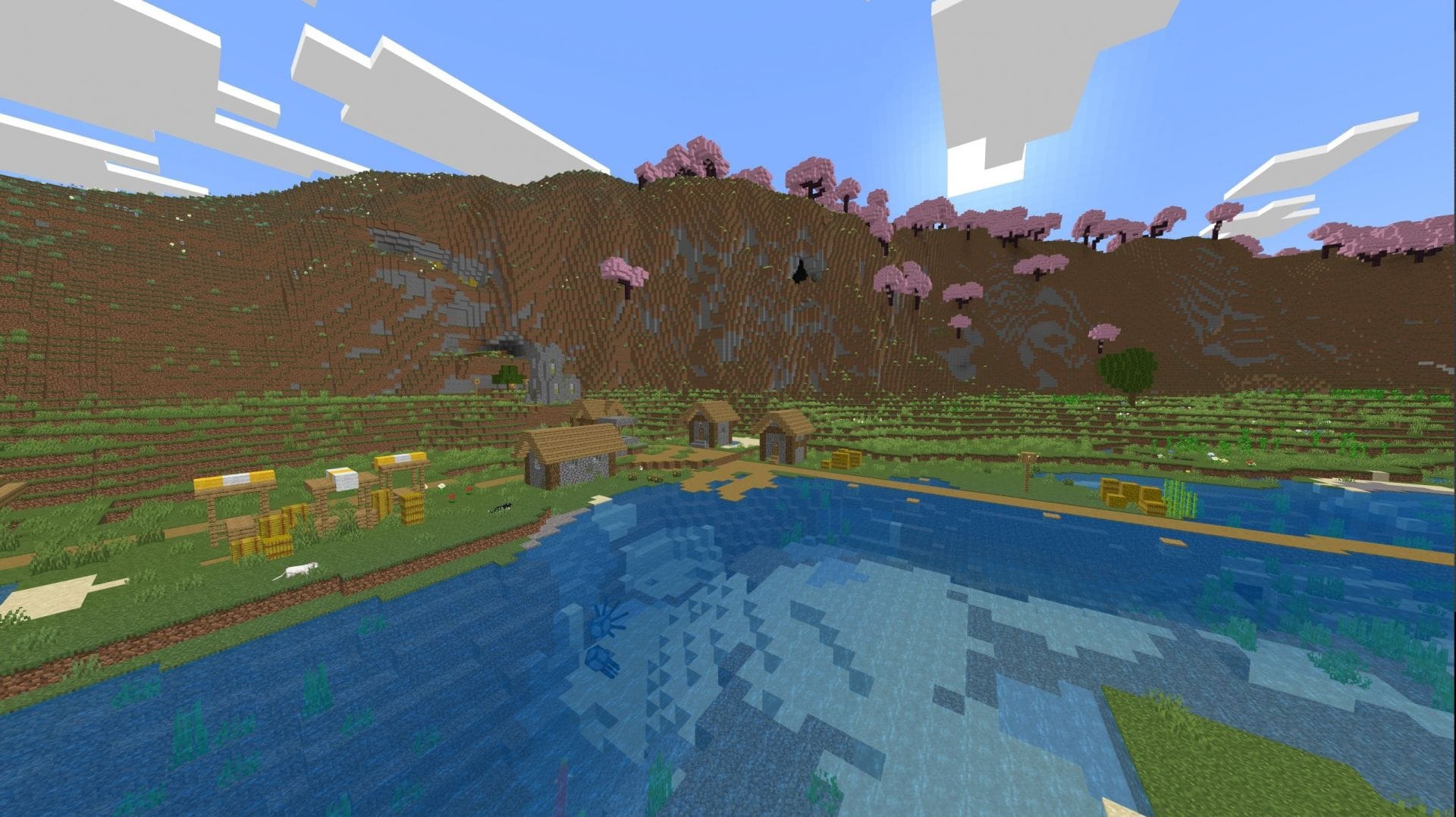Massive Cherry Grove biome with Plains Village (Image via Mojang Studios || Sportskeeda)