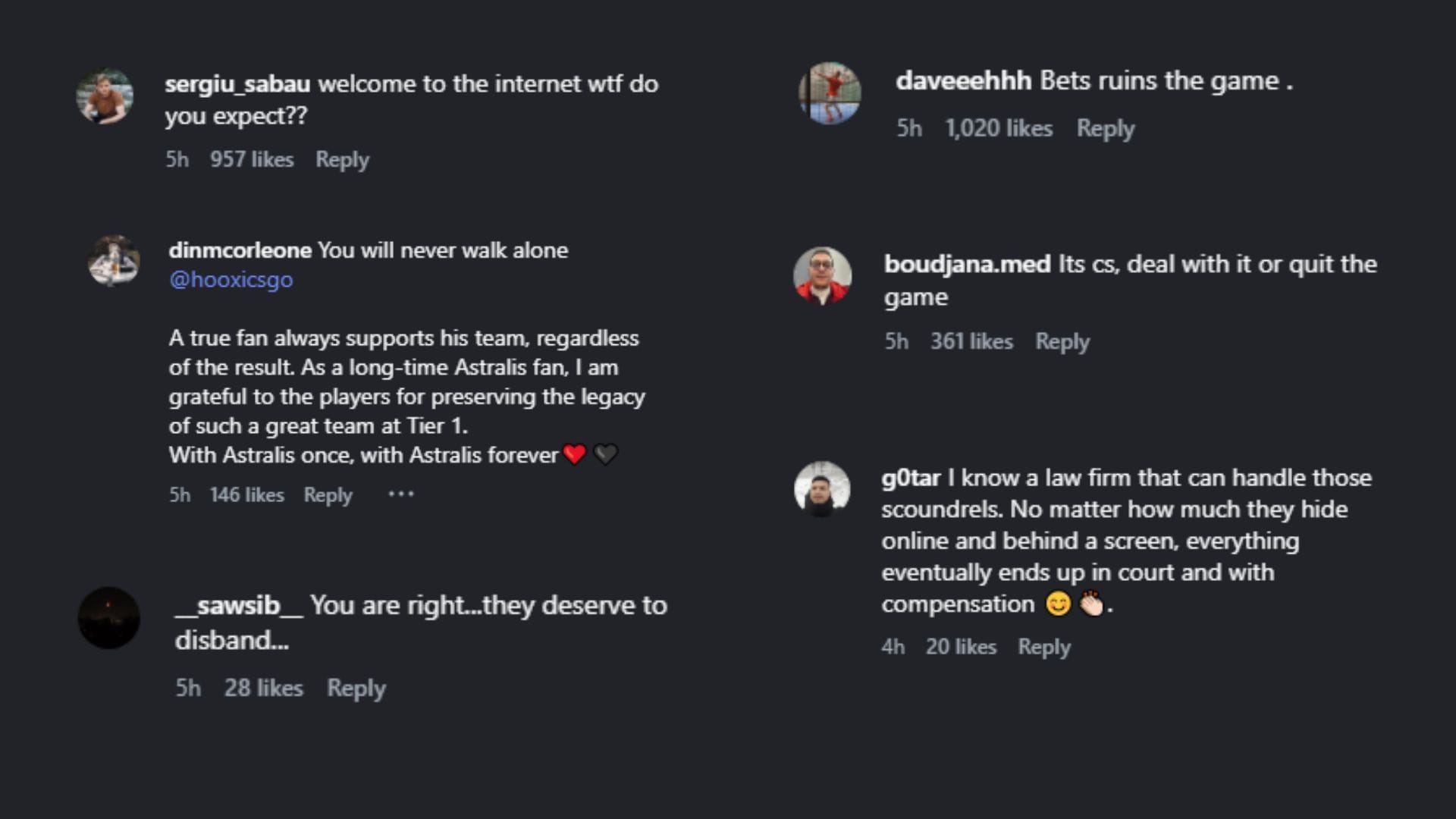 Comentários da comunidade (Imagem via Instagram/@Astralis)