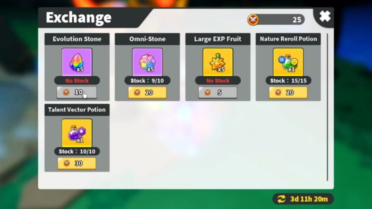 Evolution Stones na Exchange Shop (imagem via Roblox)