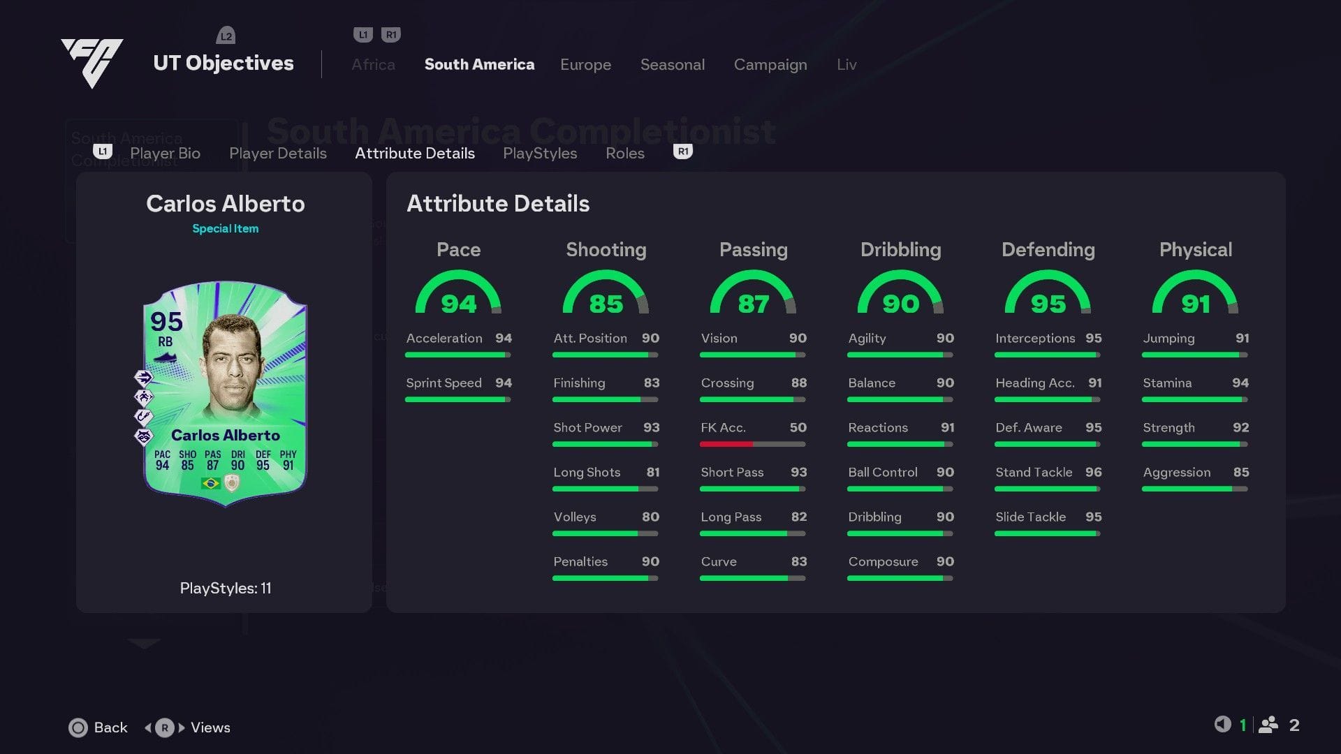 Atributos do ícone da Jornada das Nações de Carlos Alberto (Imagem via Sportskeeda/EA Sports)