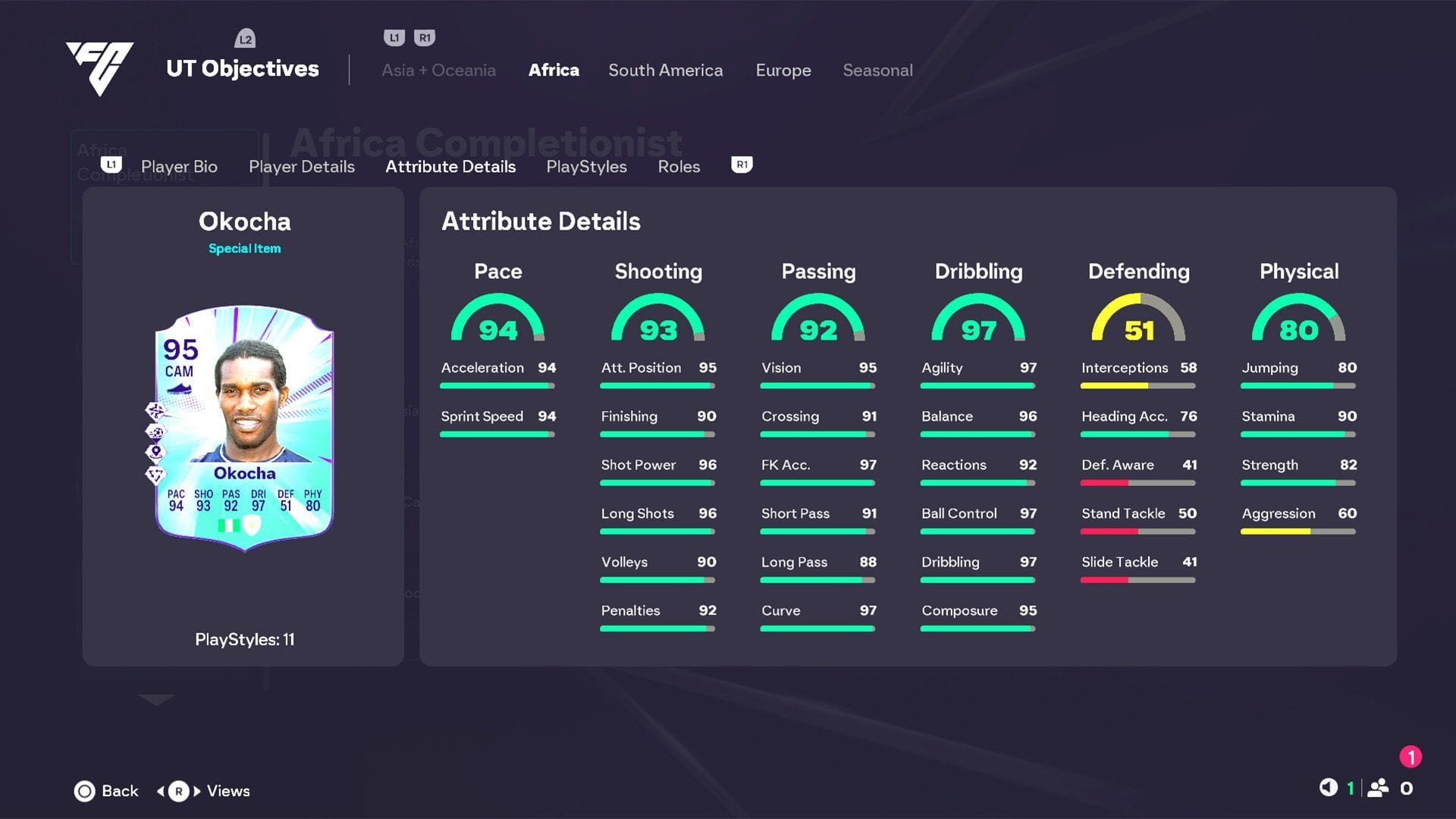 Atributos do ícone da Jornada das Nações de Jay-Jay Okocha (imagem via EA Sports)