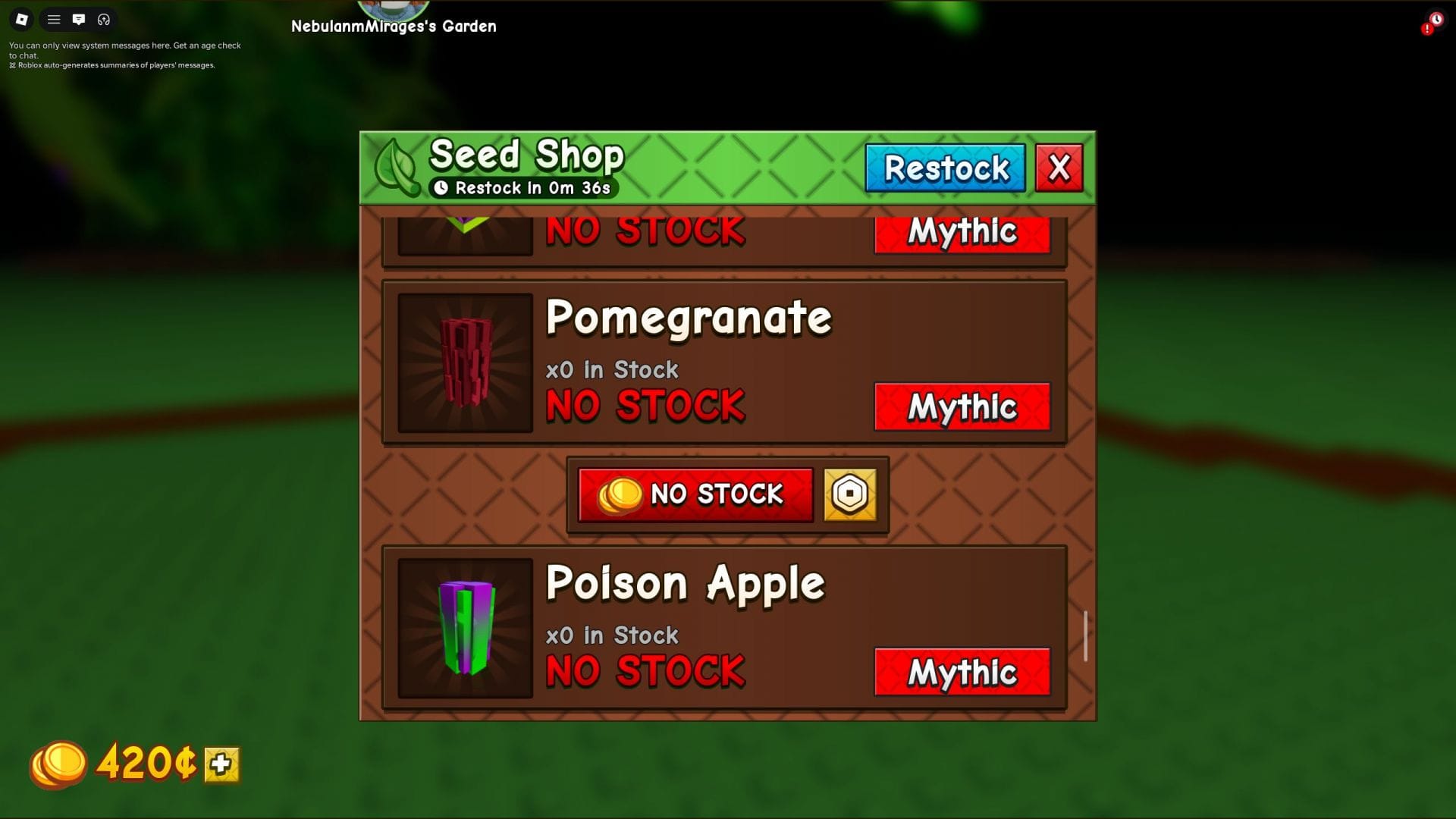 Romã pode ser comprada na Loja de Sementes (Imagem via Roblox)