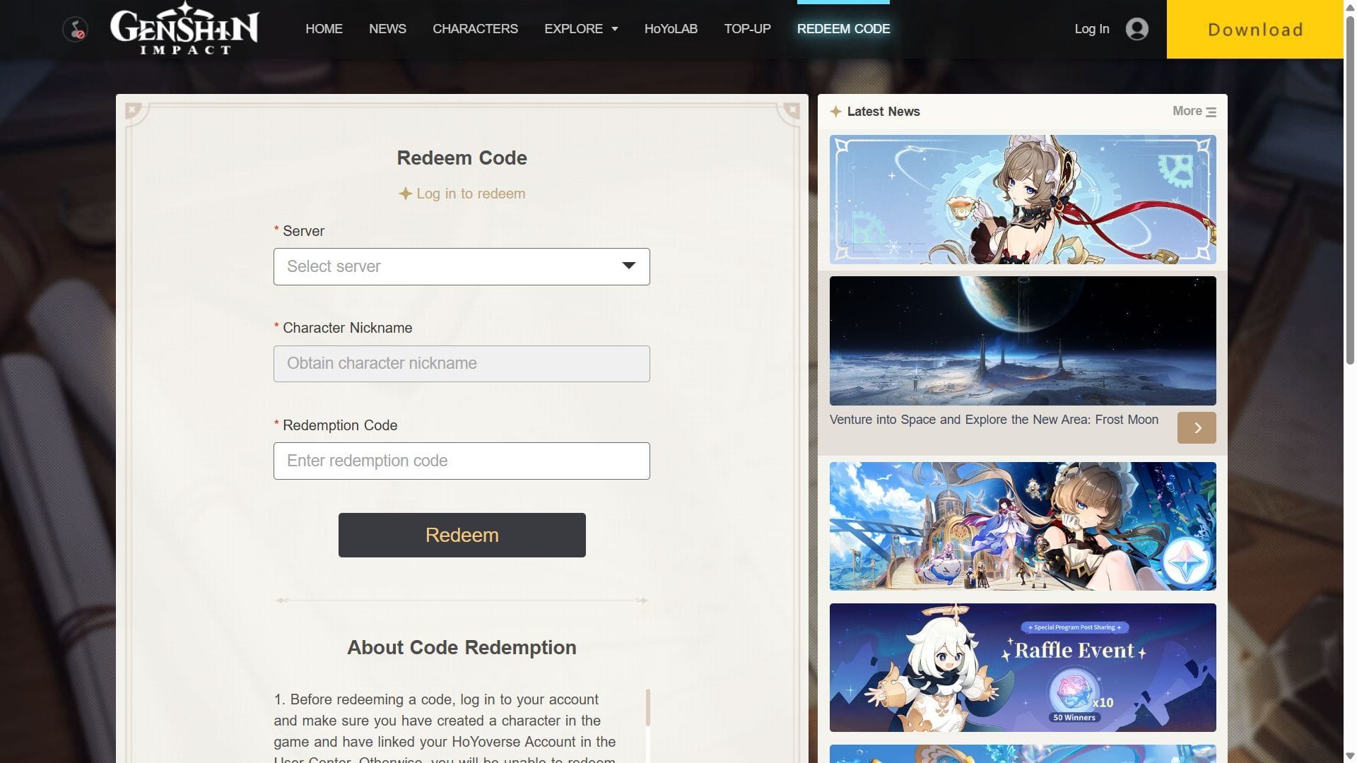 Resgatar códigos no site oficial (Imagem via HoYoverse)