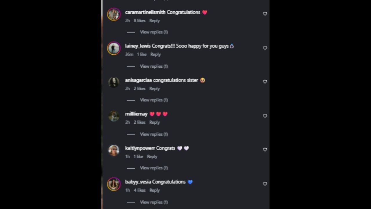 Captura de tela dos comentários de Cara Smith, Lainey Lewis, Anisa Garcia, Amelia May, Kaitlyn Power e Kayla Vesia na postagem de Natalie Loureda no Instagram (Imagem via Instagram.com/@natalieloureda)