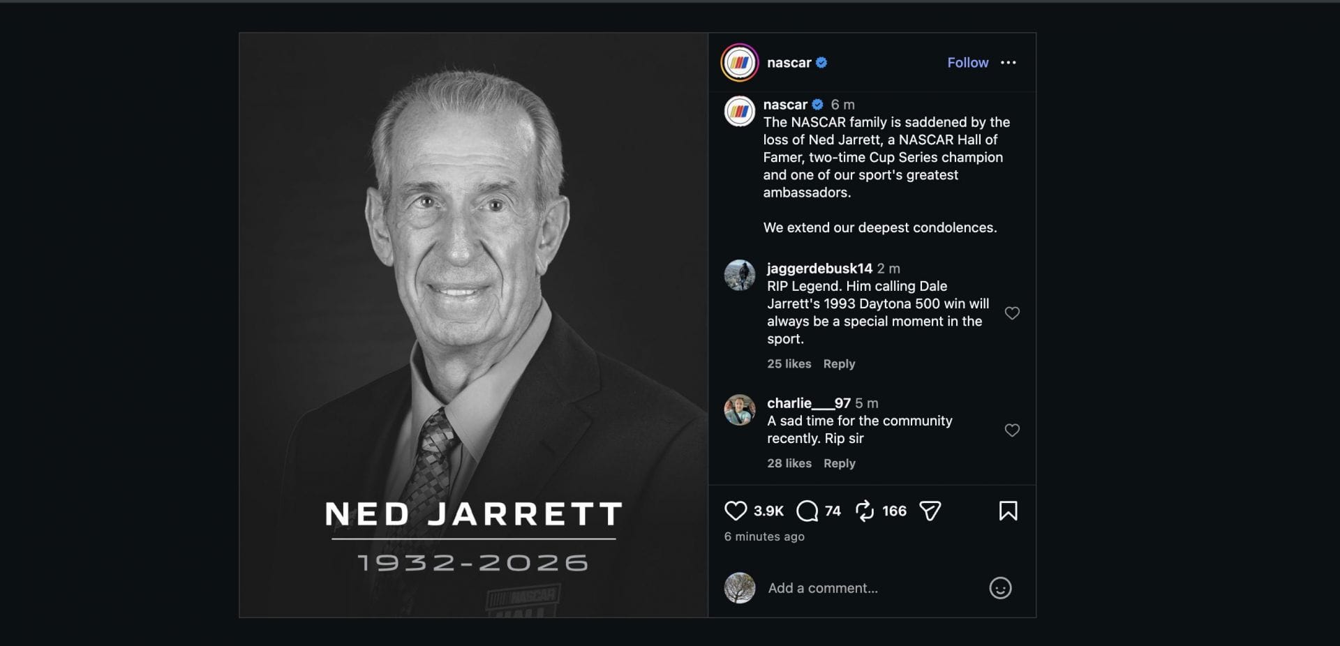 Os fãs da NASCAR prestam homenagem a Ned Jarrett. Fonte: Captura de tela via Instagram/@nascar.