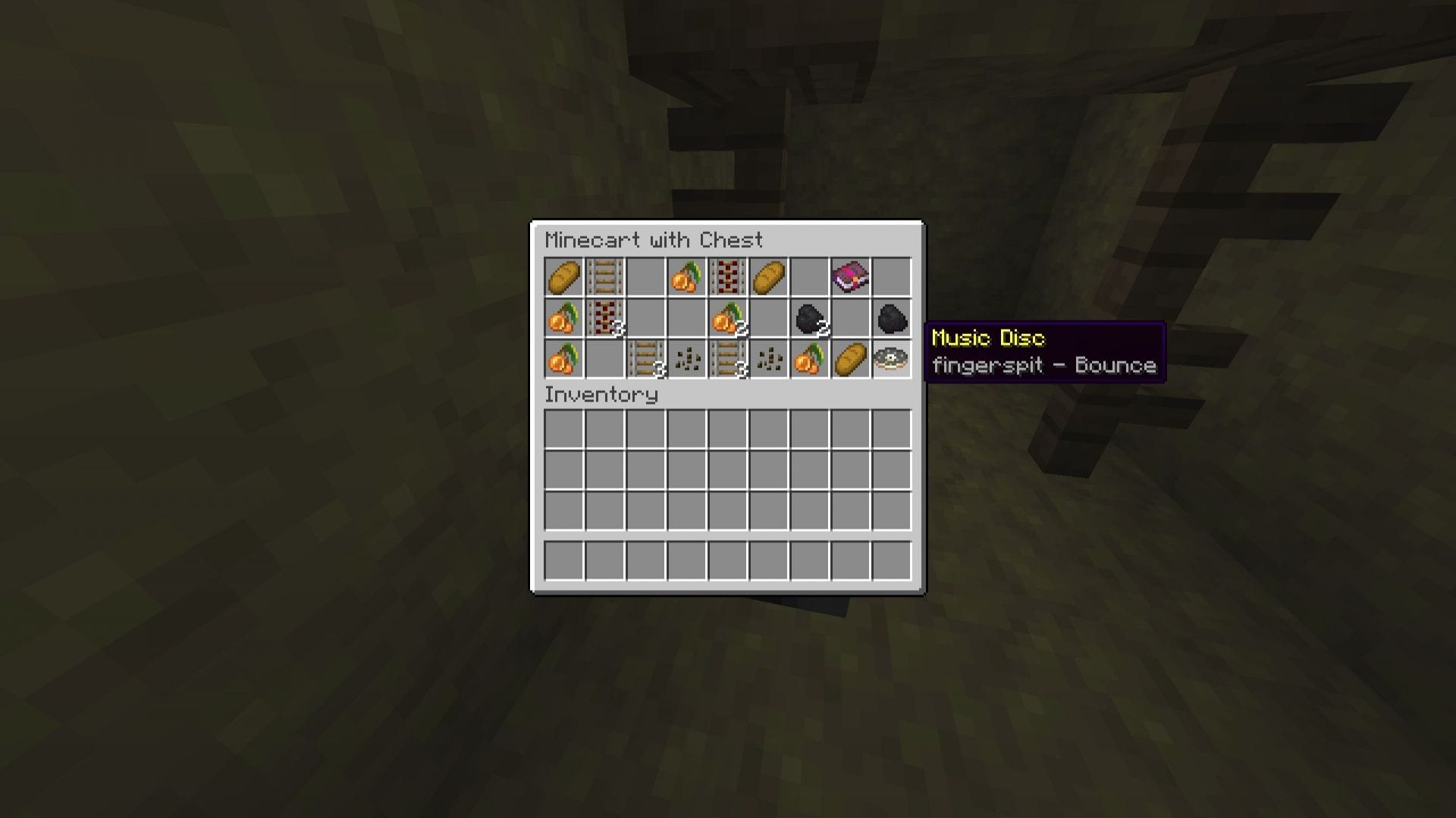 O novo disco encontrado em um baú de Mineshaft em Sulphur Cave (Imagem via Mojang Studios || Sportskeeda)