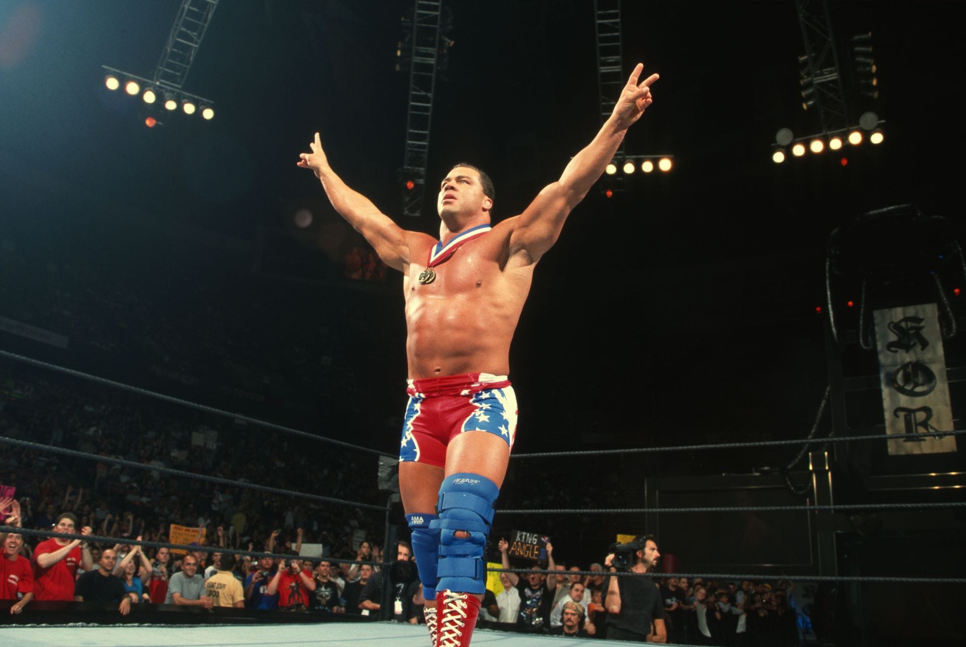 Kurt Angle reacts to WWE star winning title wearing his gear