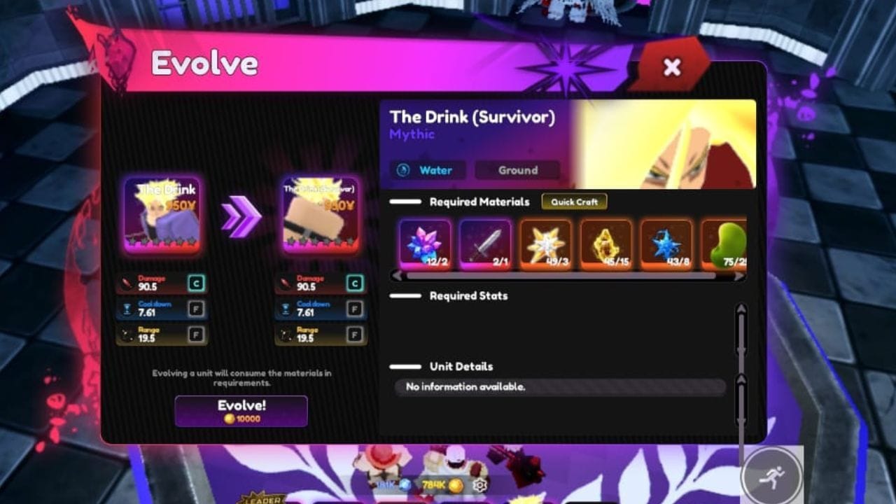 Requirements for The Drink's first evolution (Image via Roblox)