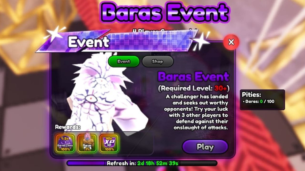 O menu do evento Baras (imagem via Roblox)