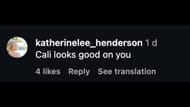 Captura de tela do comentário de Katherine Henderson na postagem de Chloe Holliday no Instagram (imagem via Instagram.com/@chloehollidayyy)