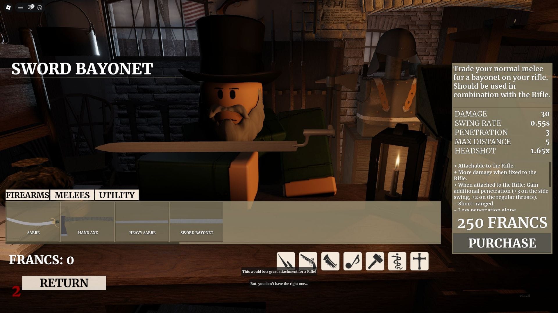 A Sword Bayonet está disponível na loja (Imagem via Roblox)