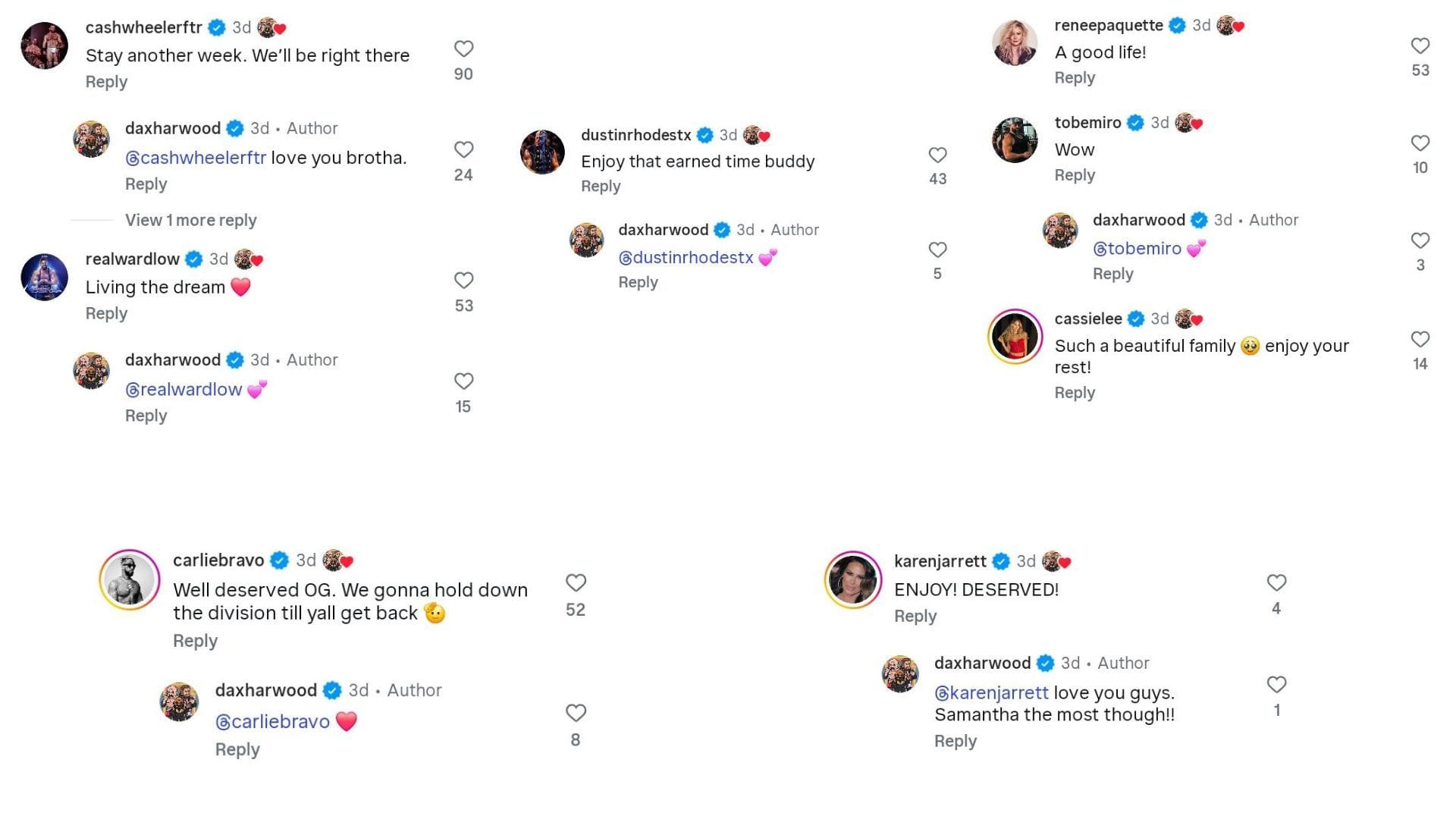 Estrelas comentando sobre FTR tirando folga da AEW (Imagem via Instagram @daxharwood)