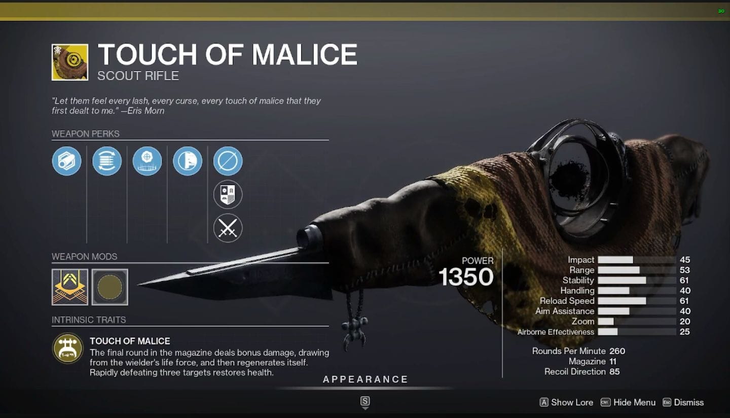 Touch of Malice (Image via Bungie || YouTube/@TriiGz)
