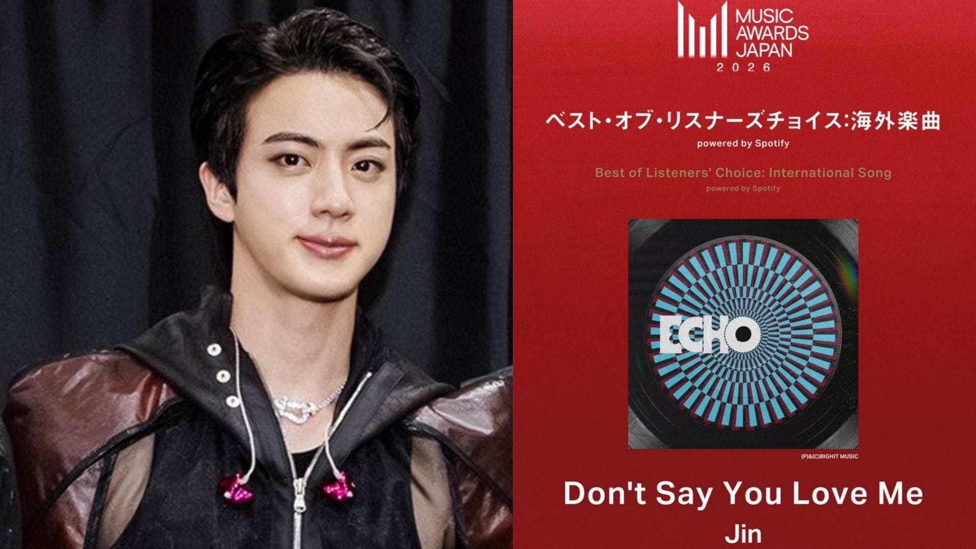 "CONGRATULATIONS JIN" trends on X as BTS' Jin wins Listeners' Choice Award for Don't Say You Love Me at Music Awards Japan 2026