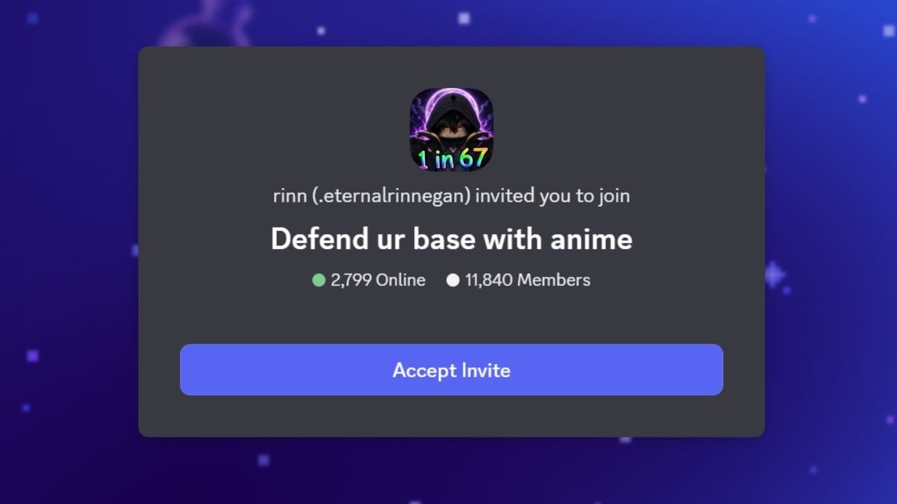 Discord invite for the Defend ur base with anime server (Image via Roblox)