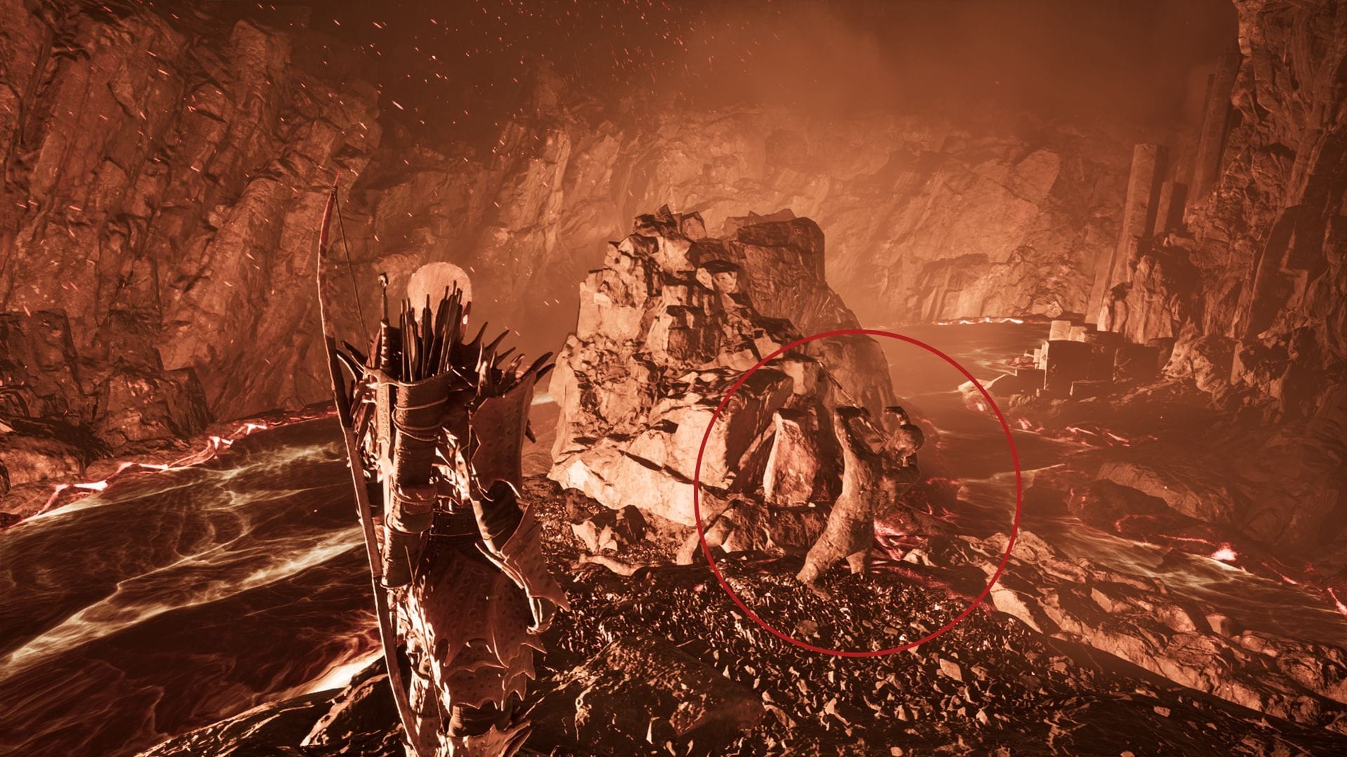 Salte no topo das rochas na piscina de lava para chegar ao Arco Demoníaco (Imagem via Alkimia Interactive)