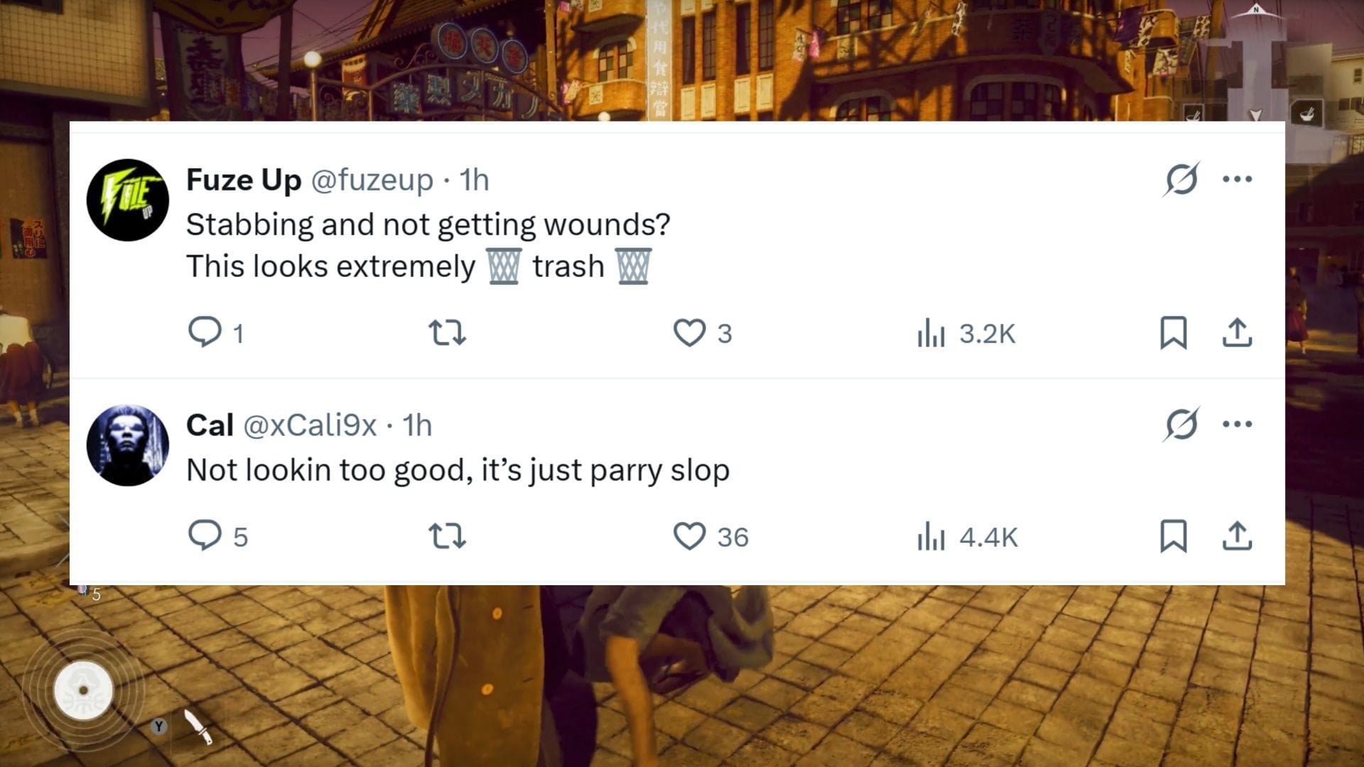 It's not up to us to say if it's "parry slop" or not, we haven't played it yet (Image via SEGA || Twitter@fuzeup/@xcali9x)