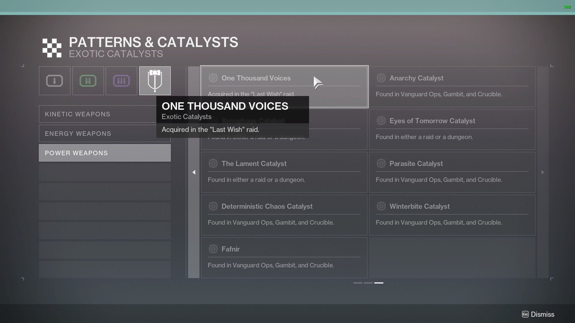 One Thousand Voices Catalyst source page in Destiny 2 (Image via Bungie)