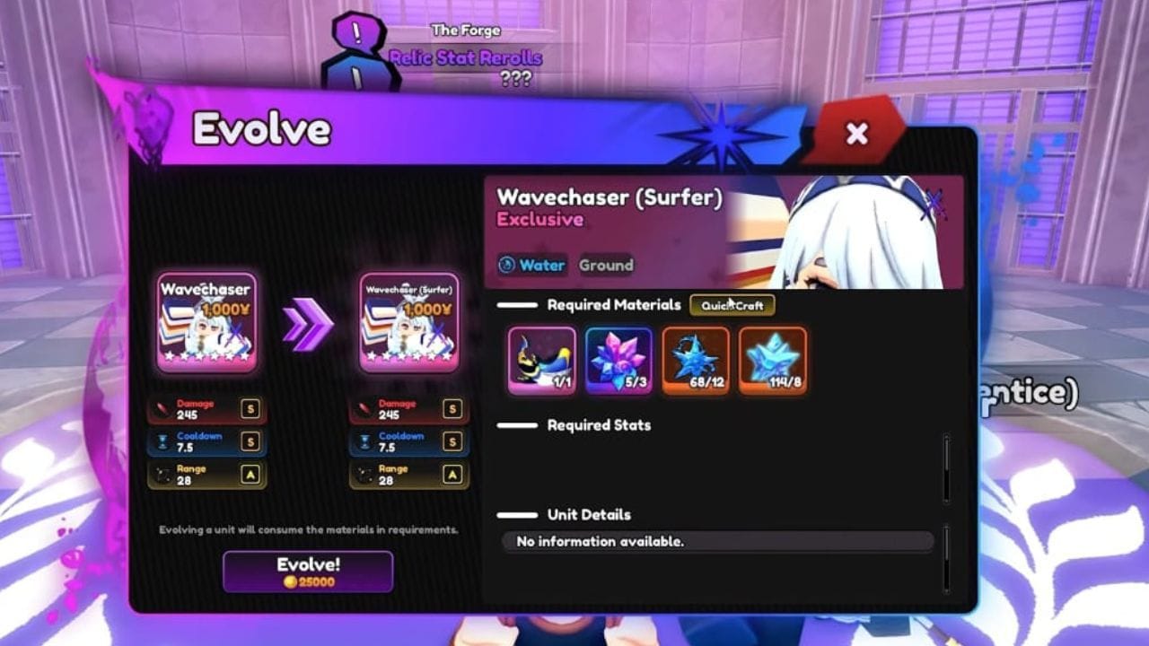 Requisitos de evolução para Wavechaser (imagem via Roblox)