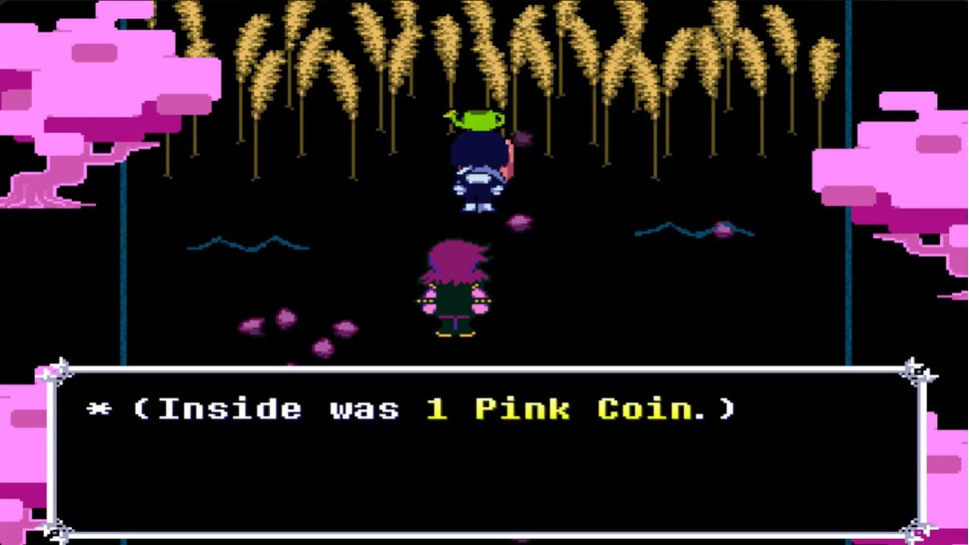 Esta moeda rosa está no topo de um lago em Deltarune (Imagem via Toby Fox || Youtube/@BlueBlurX7)