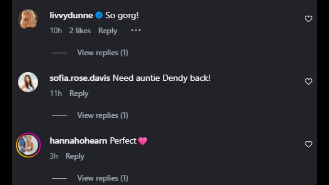 Capturas de tela dos comentários de Olivia Dunne, Sofia Davis e Hannah O'Hearn na postagem de Dendy Griffin no Instagram (imagem via Instagram.com/@dendy.griffin)