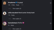 Capturas de tela dos comentários de Olivia Dunne, Sofia Davis e Hannah O'Hearn na postagem de Dendy Griffin no Instagram (imagem via Instagram.com/@dendy.griffin)
