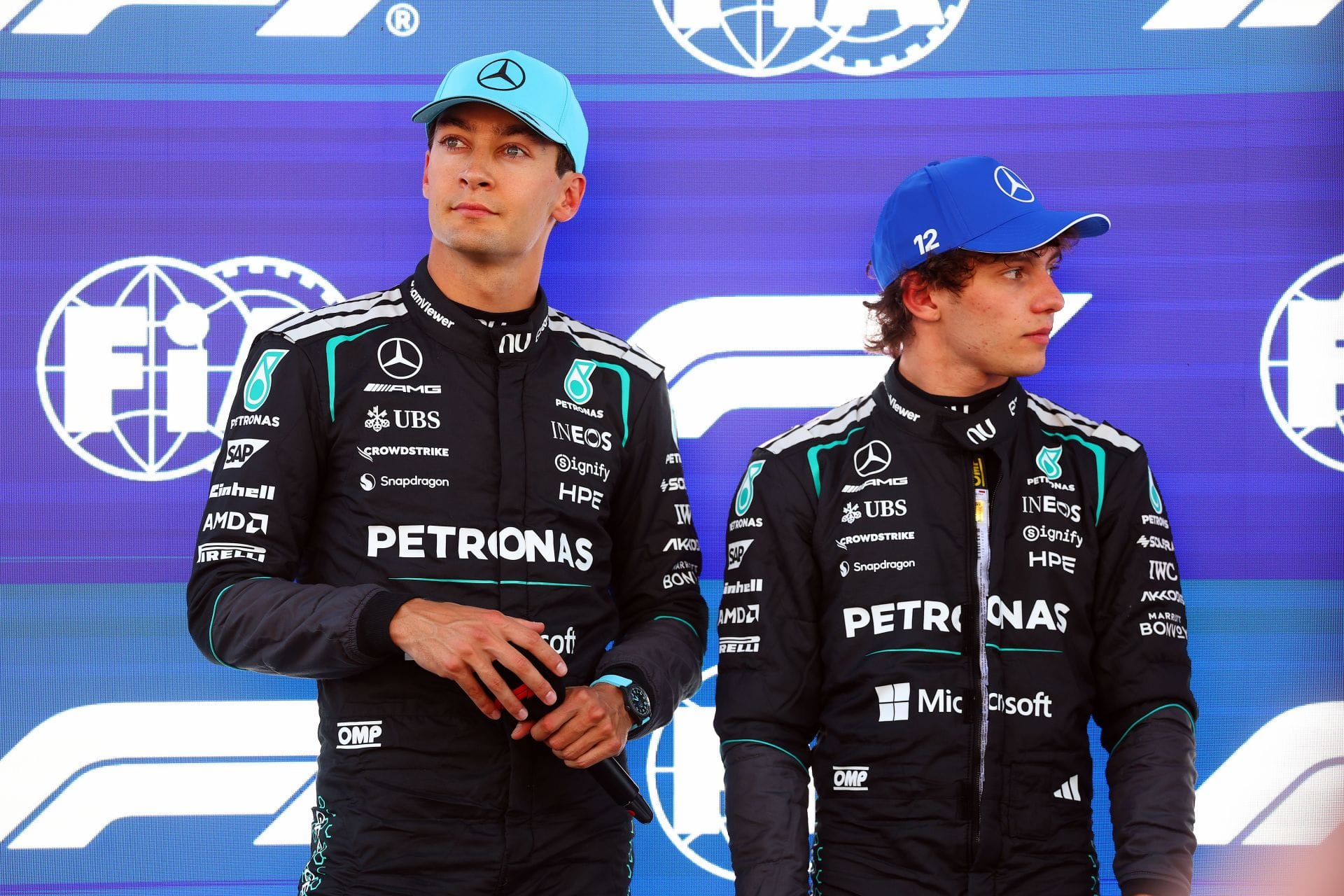 George Russell and Kimi Antonelli at the Barcelona GP - Source: Getty