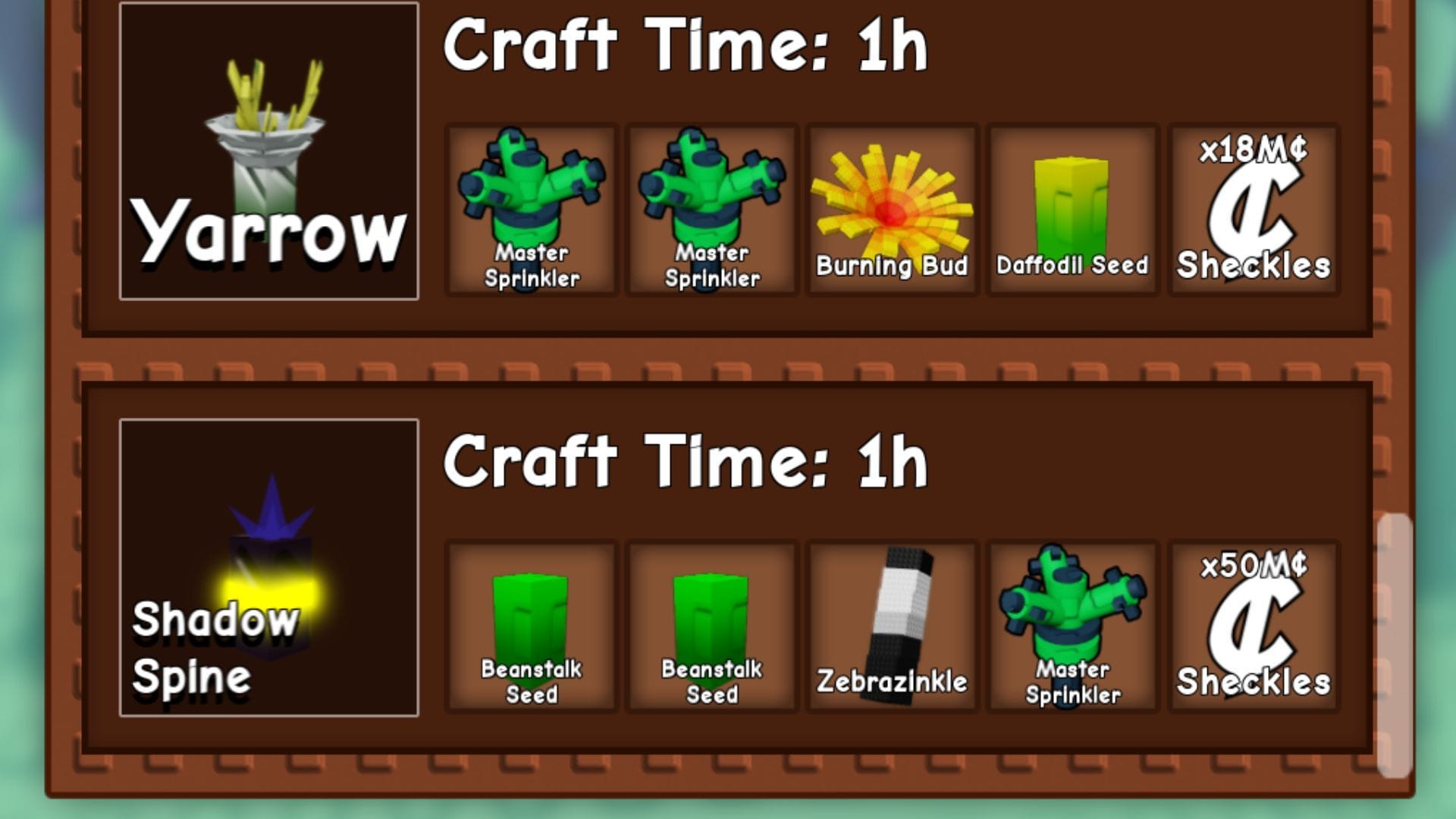 A semente Shadow Spine na Crafting Station (imagem via Roblox)