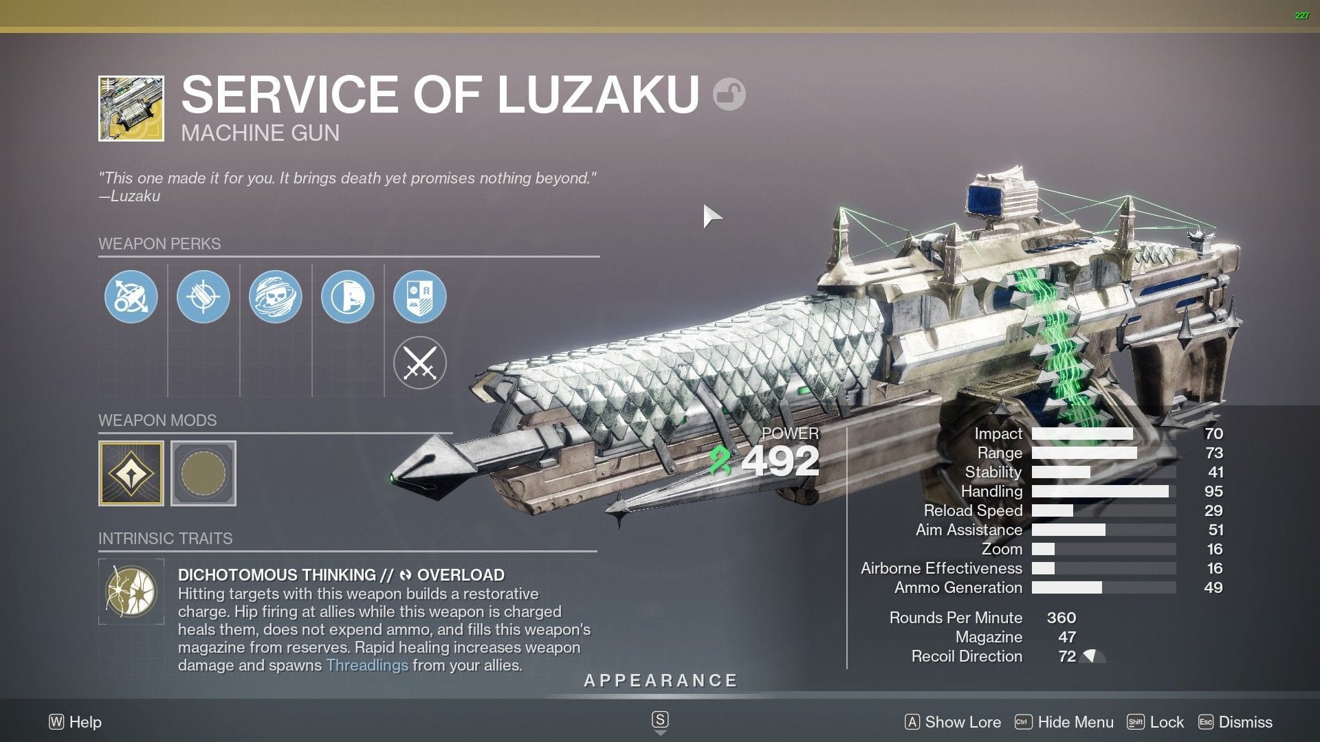 Serviço da metralhadora exótica Luzaku em Destiny 2 (imagem via Bungie)