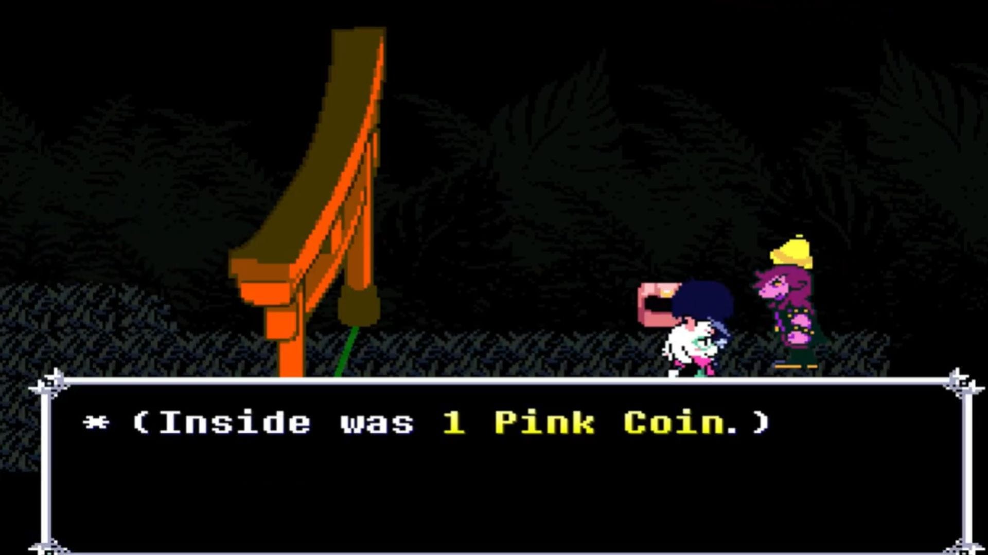 O Tropical Starwalker Bird lhe dá um baú com uma moeda rosa (Imagem via Toby Fox || Youtube/@BlueBlurX7)