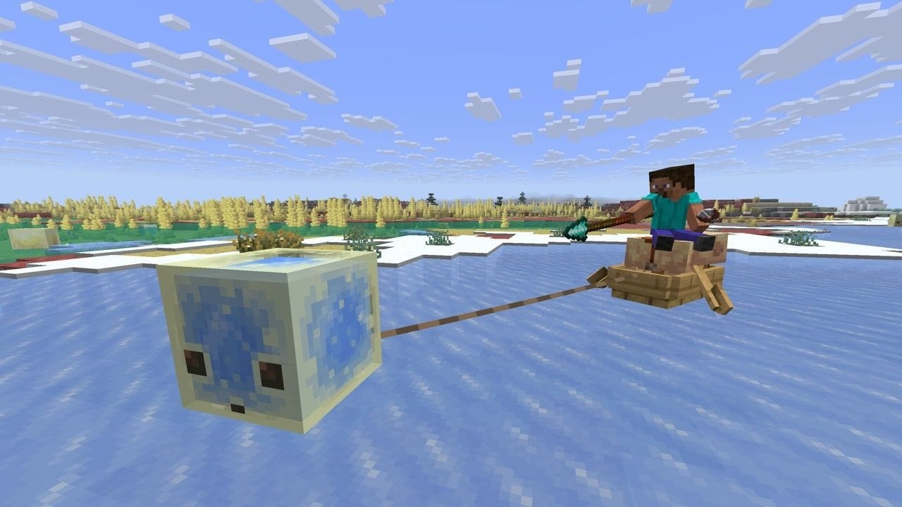Steve is riding a Pig in a Boat leashed to a Blue Ice absorbed Sulfur Cube, holding a Diamond Spear. Click here for a link to the full-size image.