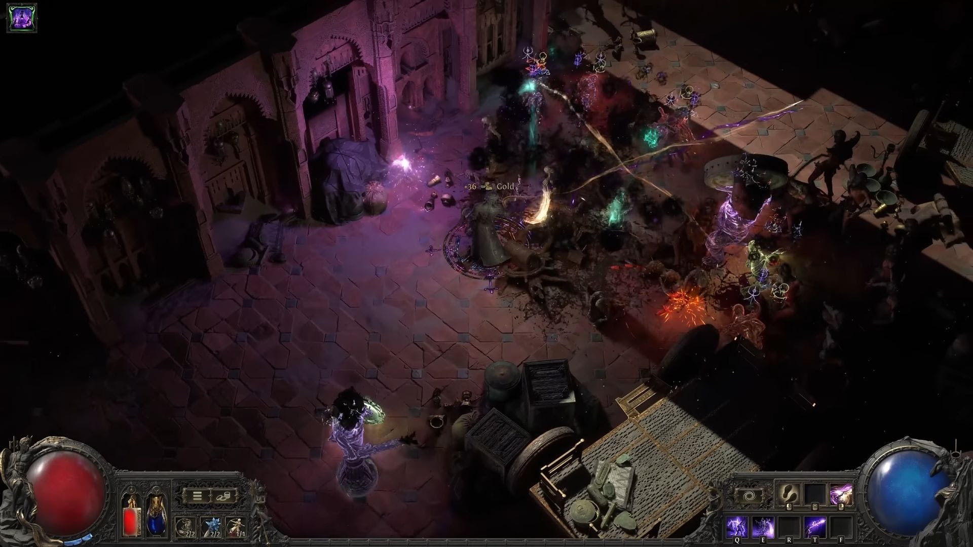 Bounce Chaos carregado projéteis em todos os inimigos amaldiçoados no Path of Exile 2 (Imagem via GGG)