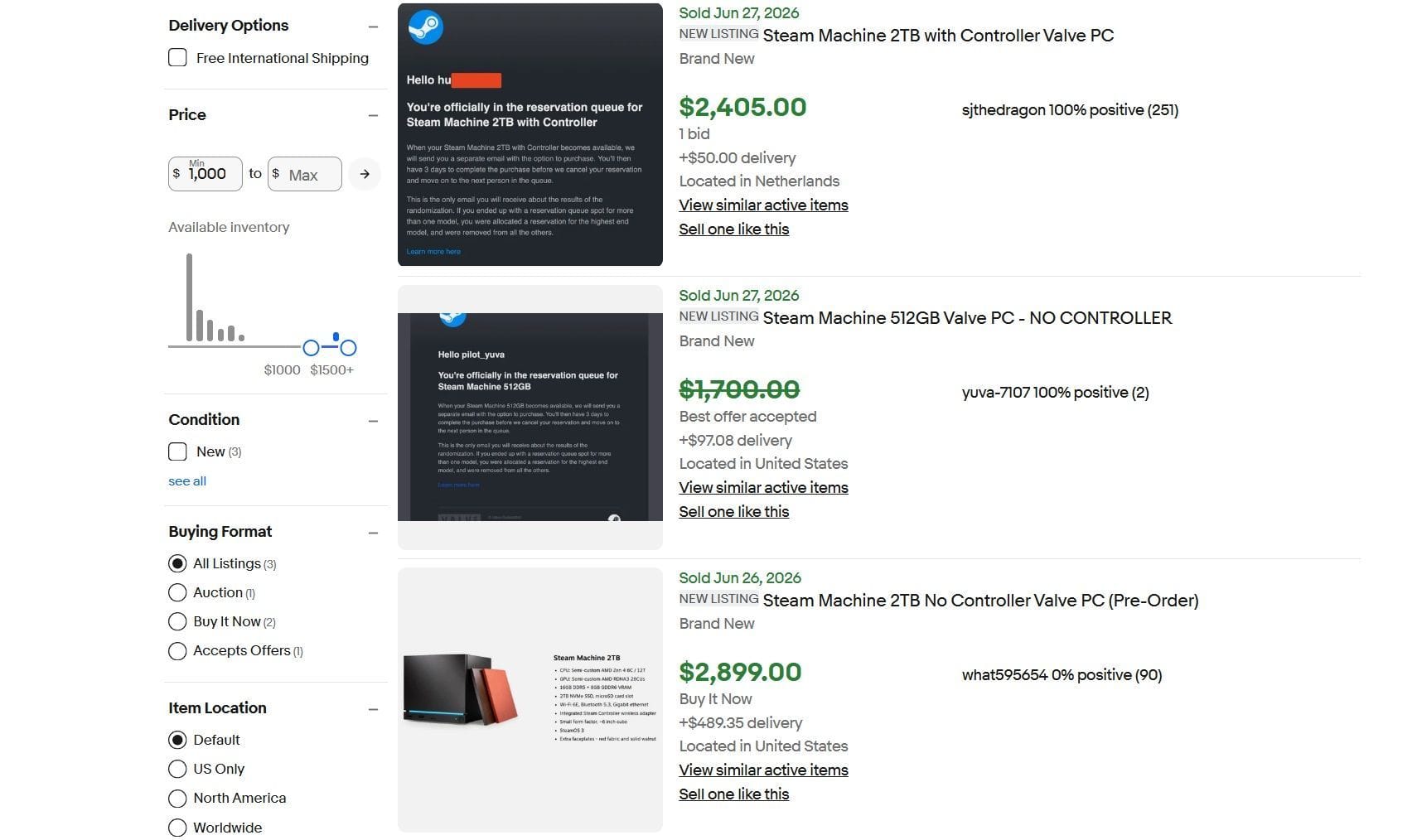 The Steam Machine reservation listings on eBay (Image via eBay)