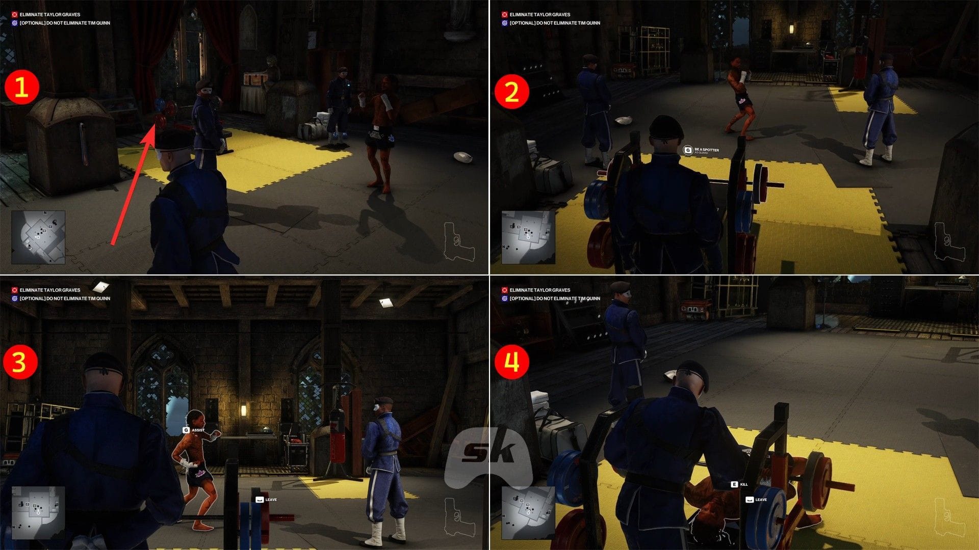 Eliminate Taylor Graves by being his spotter at the bench press (Image via Sportskeeda Gaming || IO Interactive)