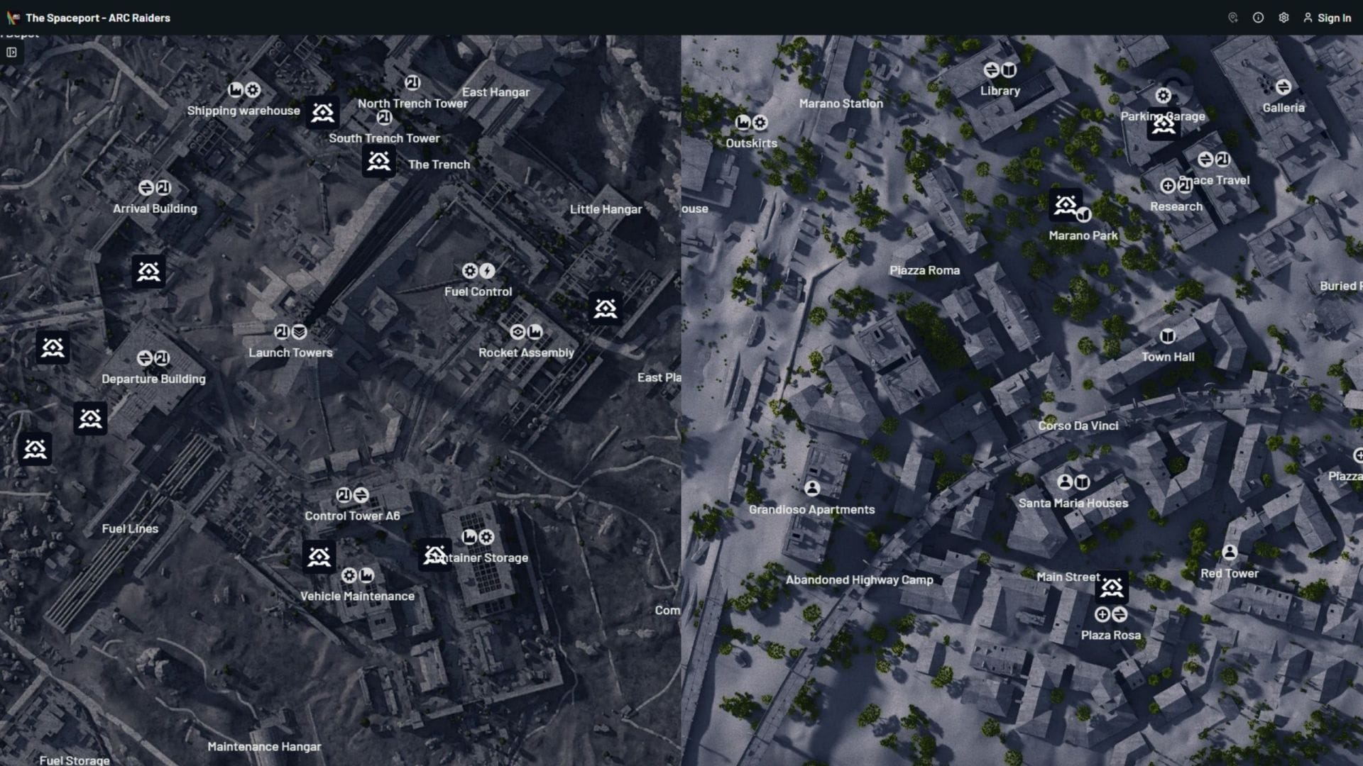 Bombardier spawn locations in Spaceport and Buried City (Image via Embark Studios || arcraidersmaps.app)