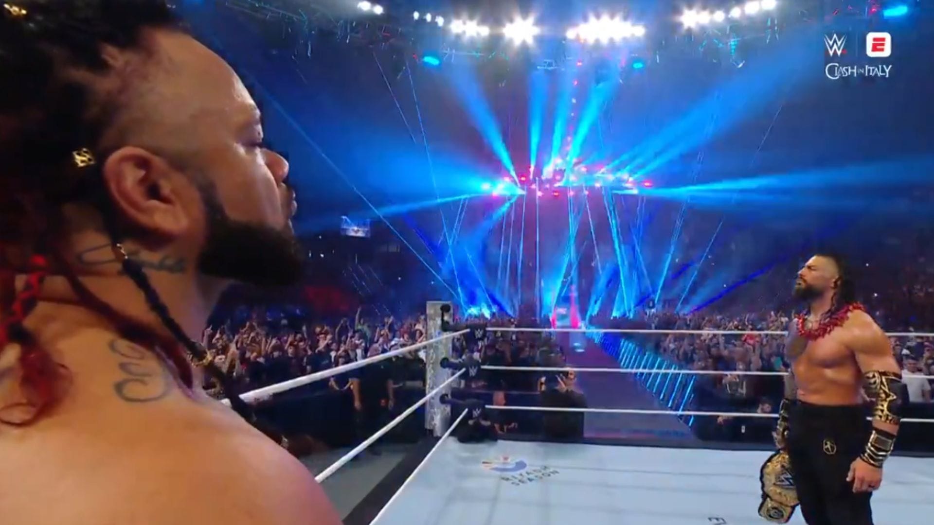 Roman Reigns takes out security during the Tribal Combat at WWE Clash in Italy 2026