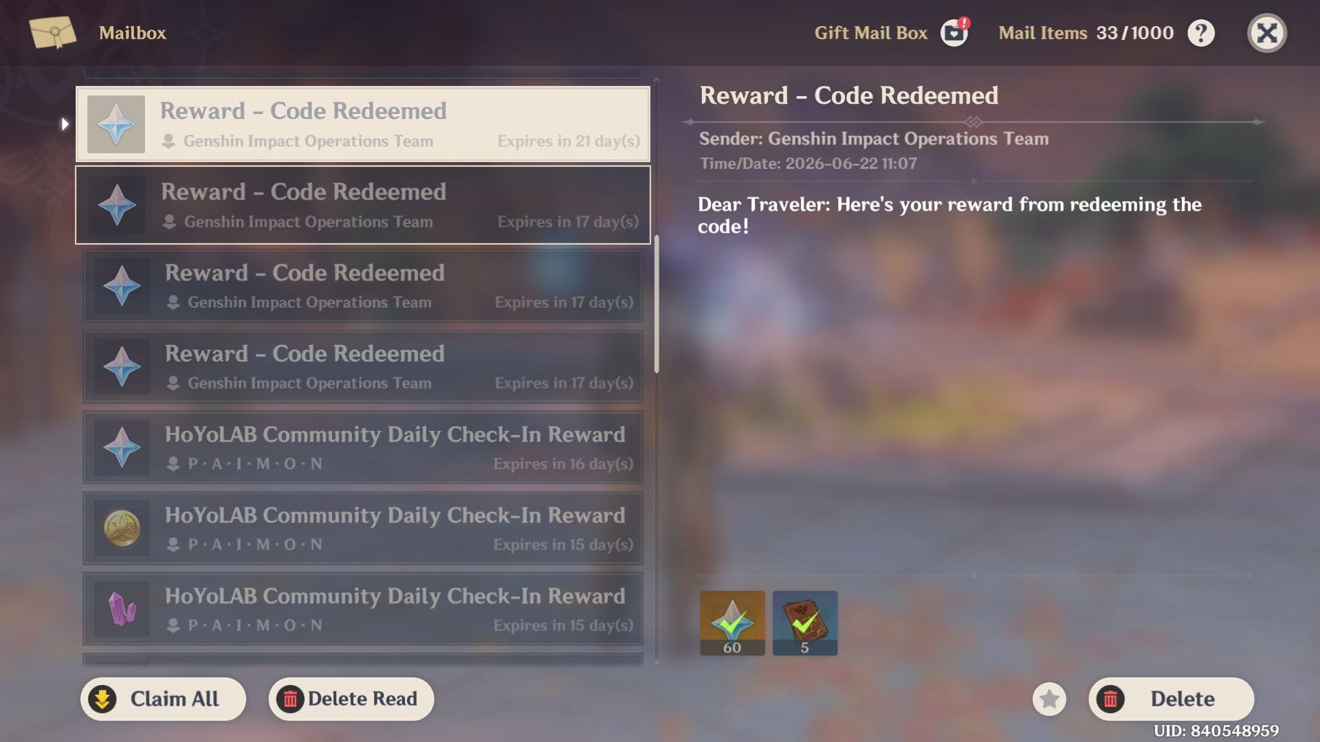 Recompensas do código de resgate pelo correio (imagem via HoYoverse)