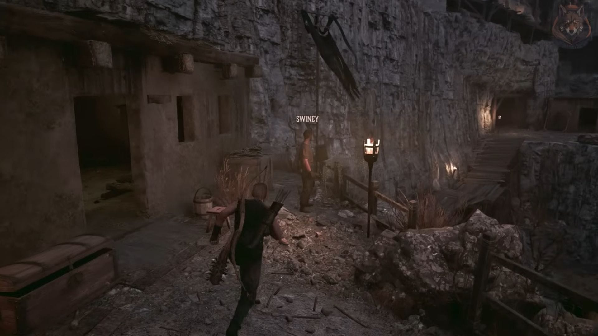 Fale com Swiney para obter o Digger's Dress (Imagem via THQ Nordic || YouTube/@LunarGaming)