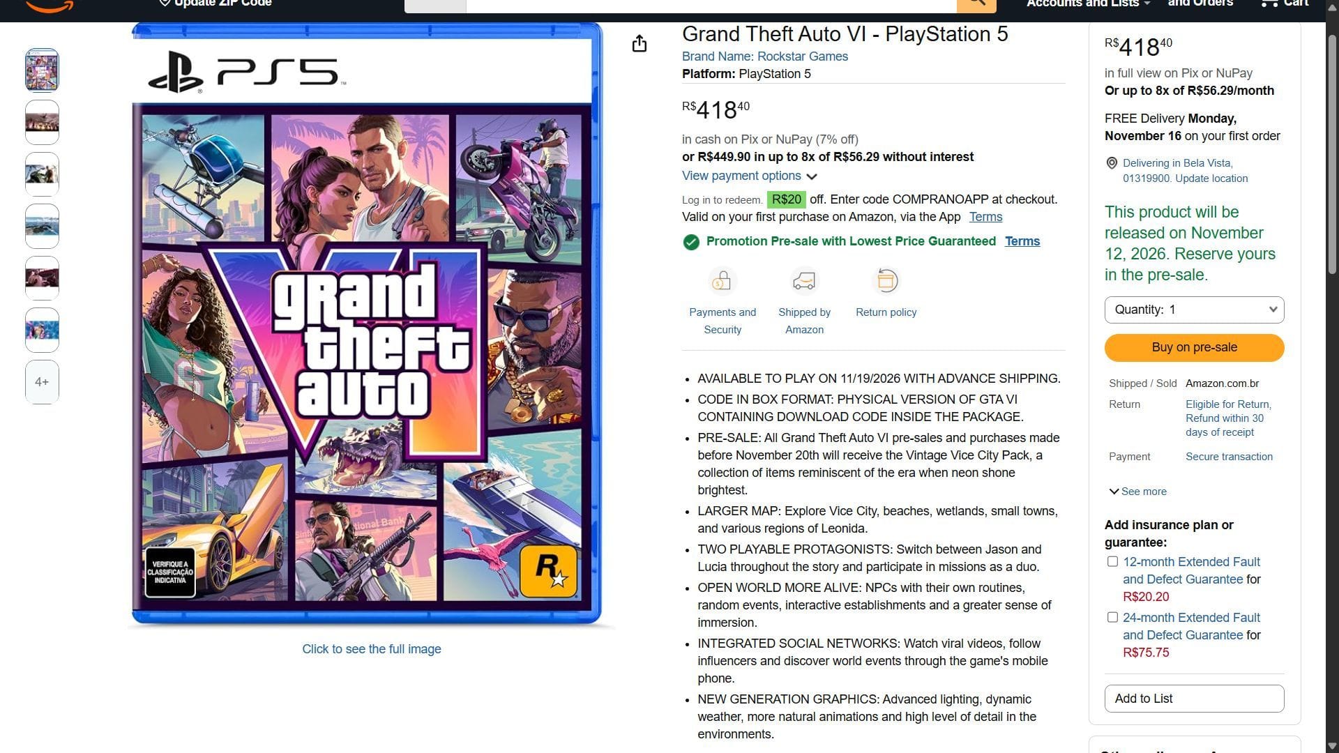 A página do produto do jogo contém alguns novos recursos que vazaram (Imagem via Amazon || Rockstar Games)