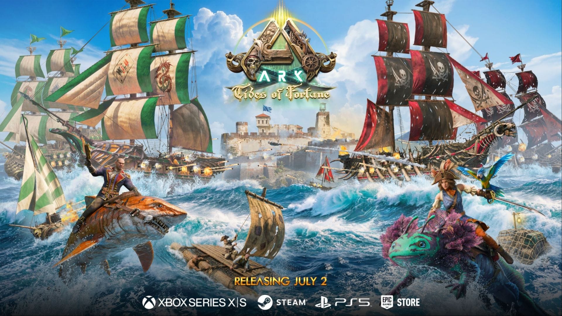 Provocados navios com tema pirata para ARK: Tides of Fortune (imagem via Studio Wildcard)